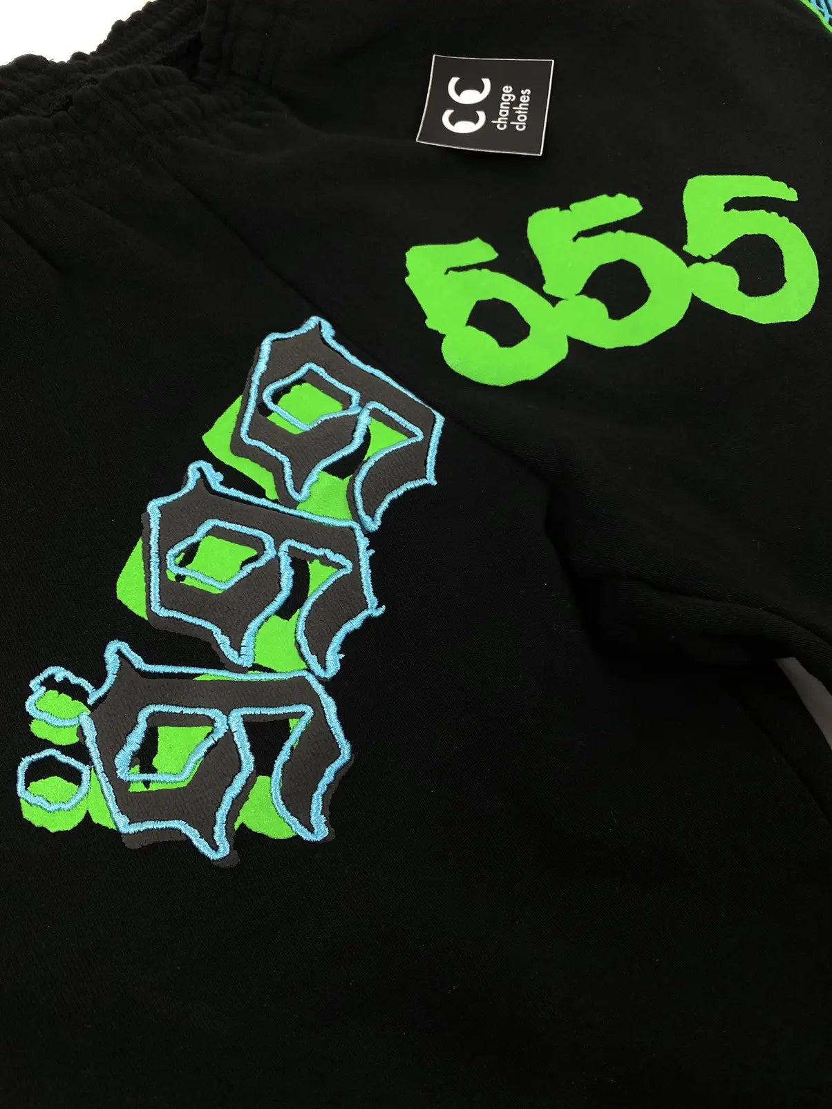 Juice Wrld x Sp5der "999 555 Green/Blue Flame" Black Sweatpants