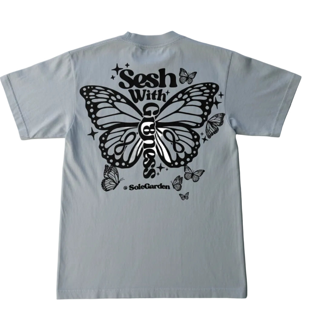 Sole Garden x Sessions with Gr8ness “Sessions ” Black Butterfly Light Blue Tee