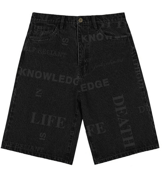 Individualist “Knowledge Laser Print" Black Denim Shorts