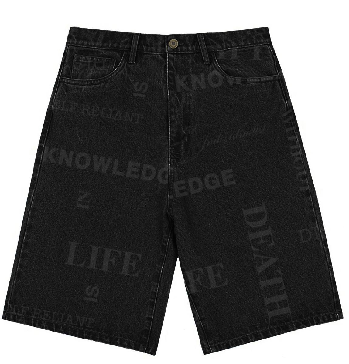 Individualist “Knowledge Laser Print" Black Denim Shorts