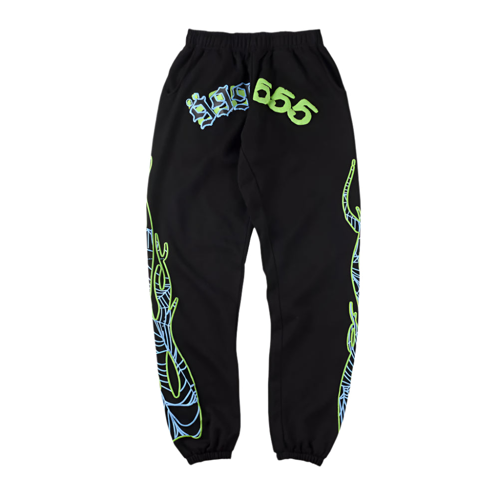 Juice Wrld x Sp5der "999 555 Green/Blue Flame" Black Sweatpants